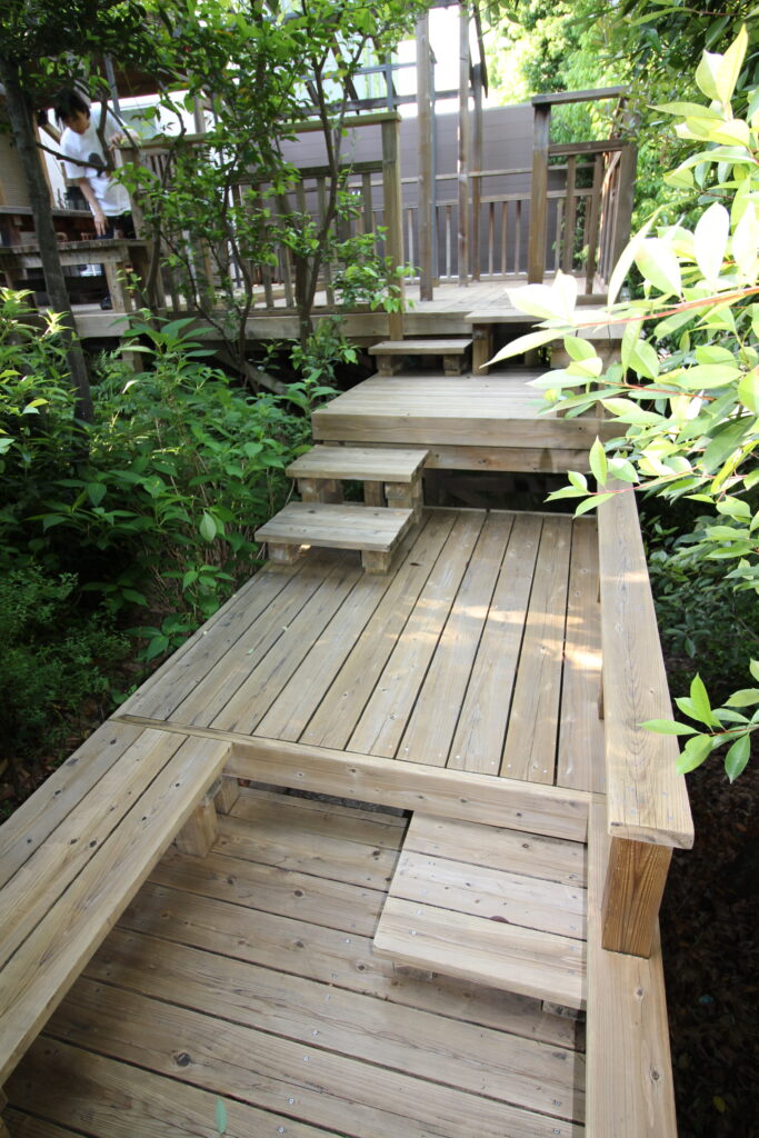 2011年製　傾斜地の段々ウッドデッキの2025年の姿　緑　横浜市都筑区